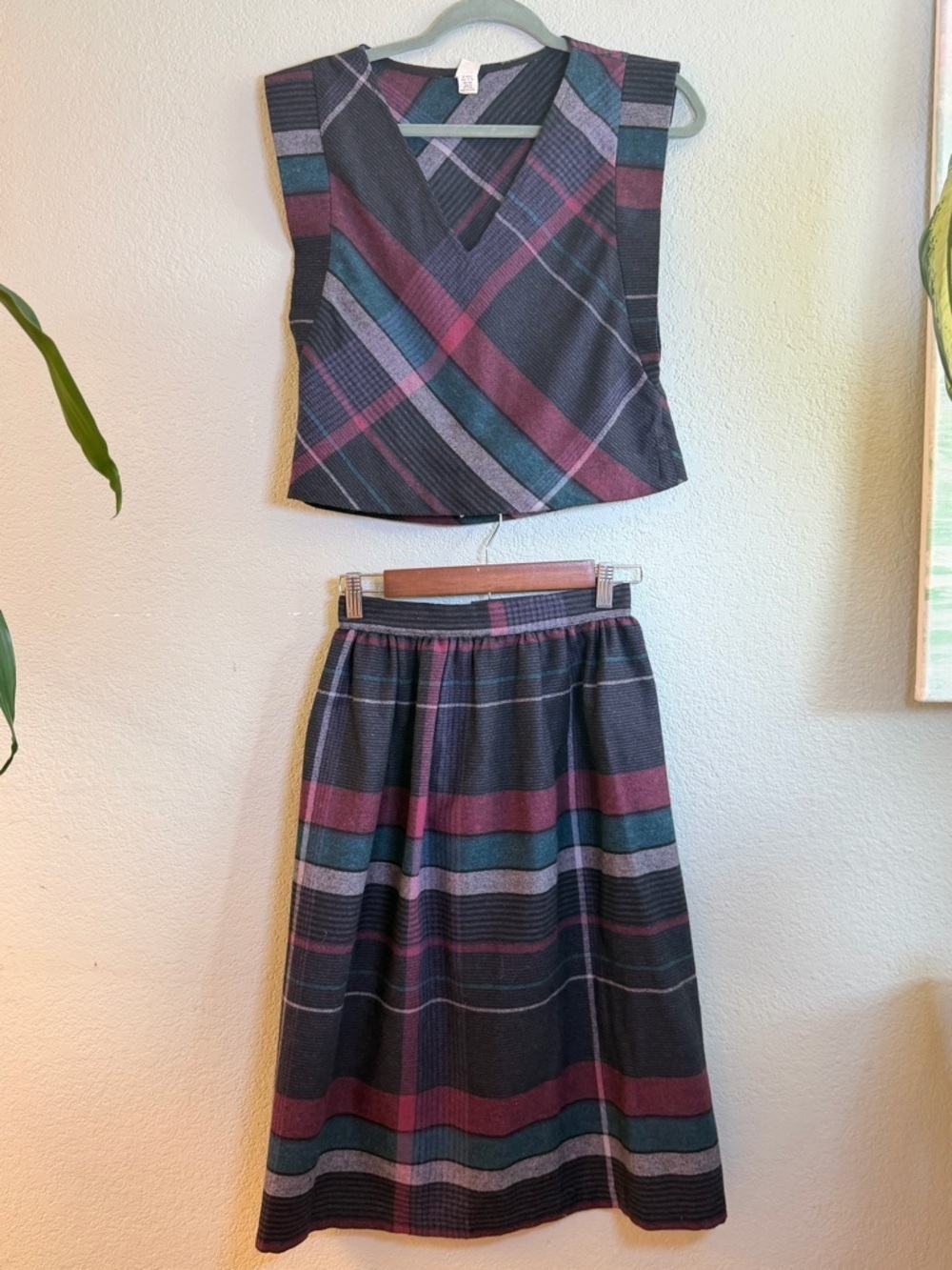 Vintage Plaid Purple Blue Retro Dolman Sleeve Vest and Midi Skirt Set Union Tag
